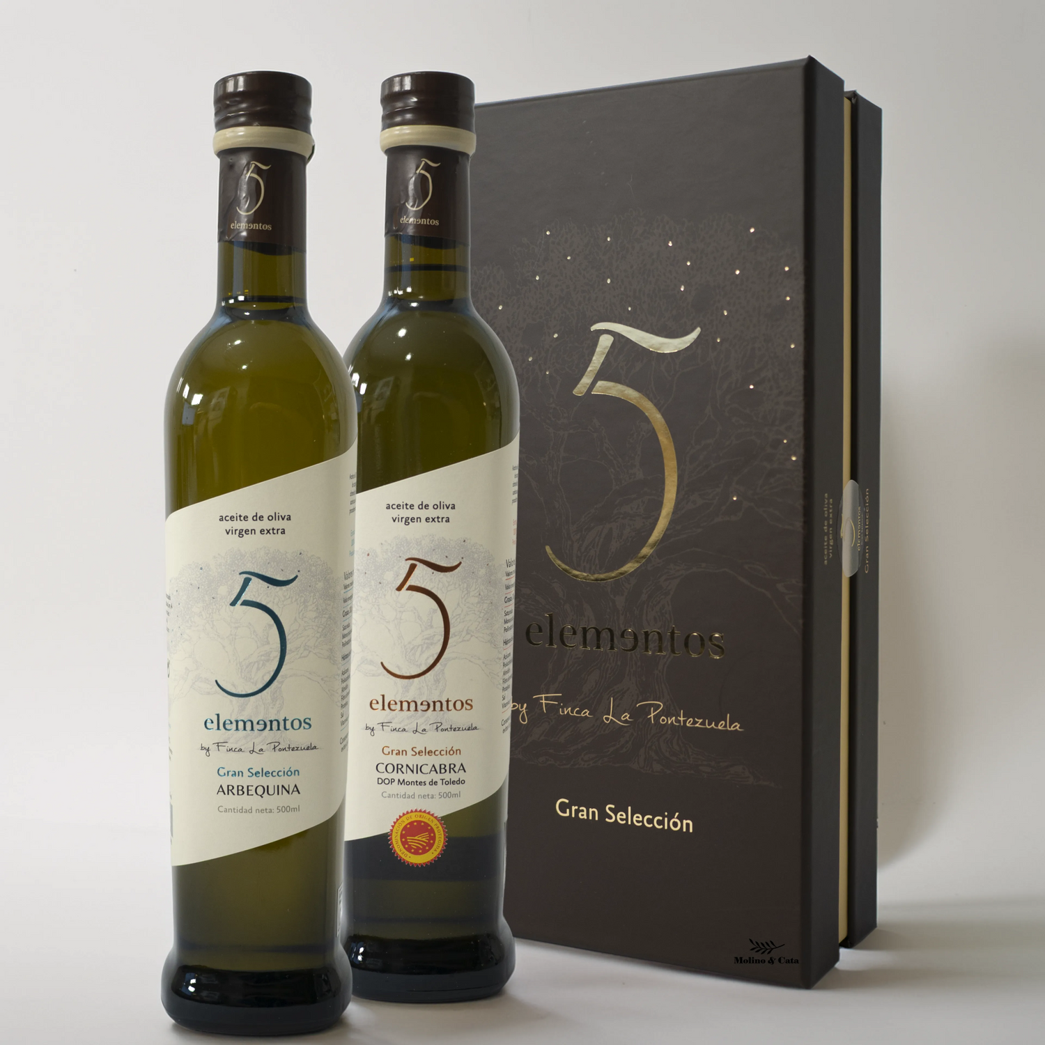 Estuche para regalar aceite de oliva virgen extra 5 elementos gran selección cornicabra y arbequina finca la pontezuela 500ml