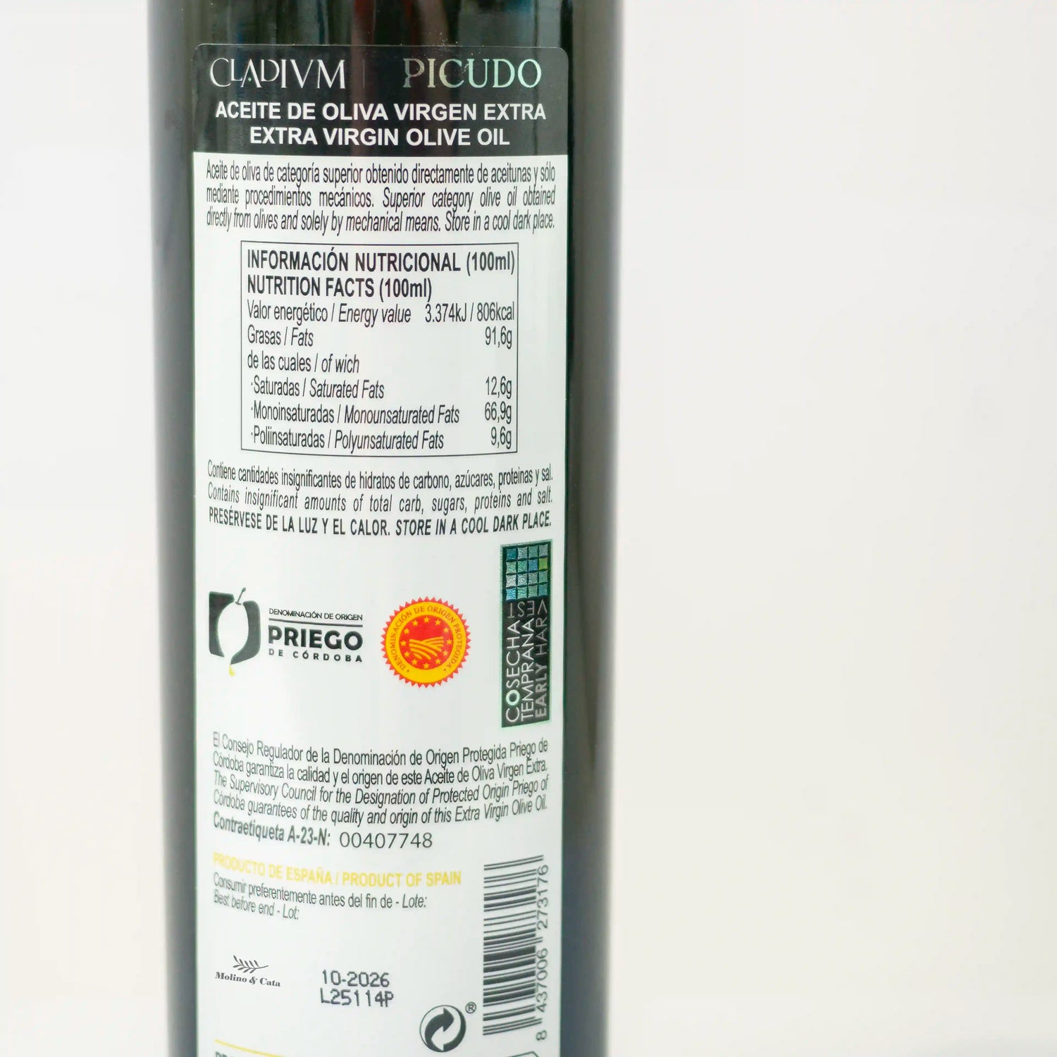 Aceite de Oliva Virgen Extra Cladivm Picudo 500ml detalle de la etiqueta trasera