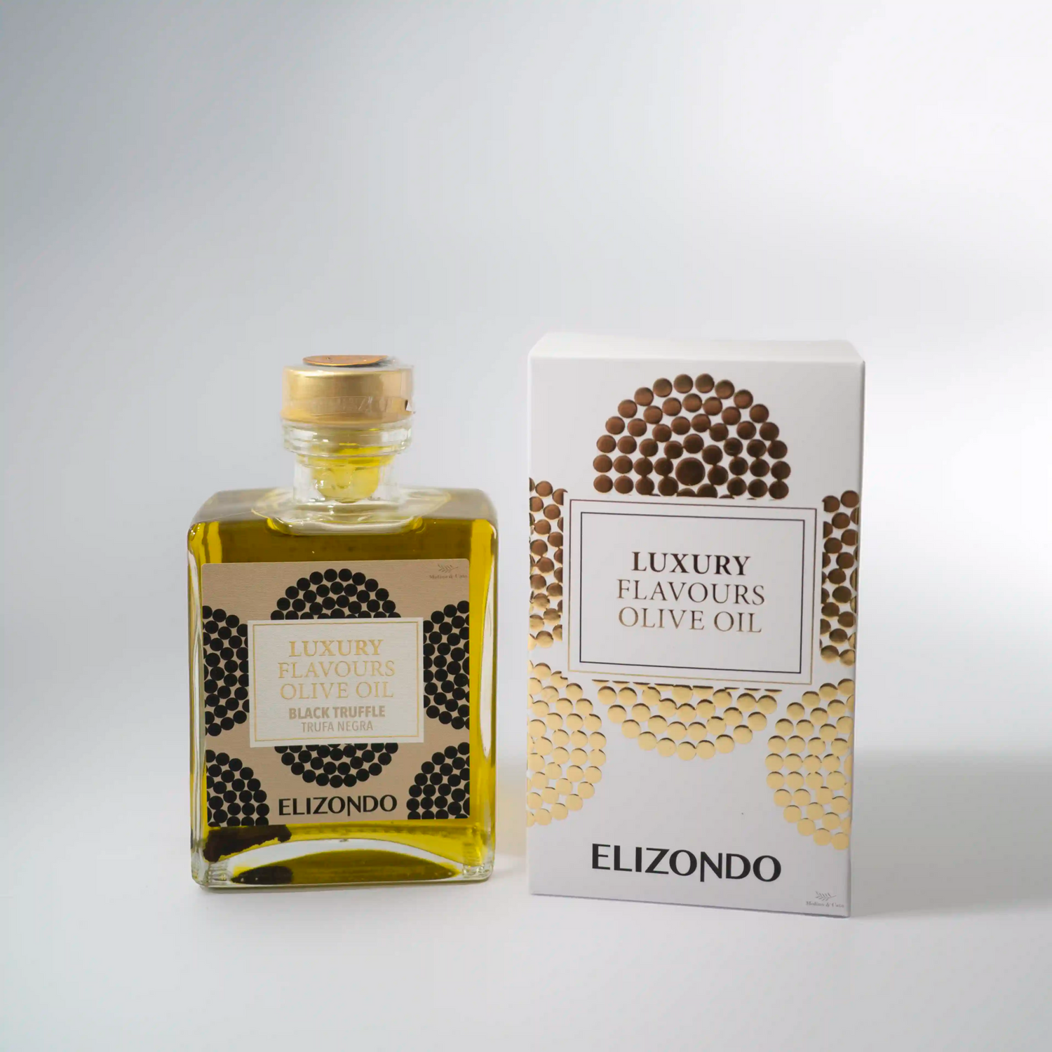 Botella de Elizondo Trufa Negra 240ml, condimento a base de Aceite de Oliva Virgen Extra de Aceites Elizondo con caja