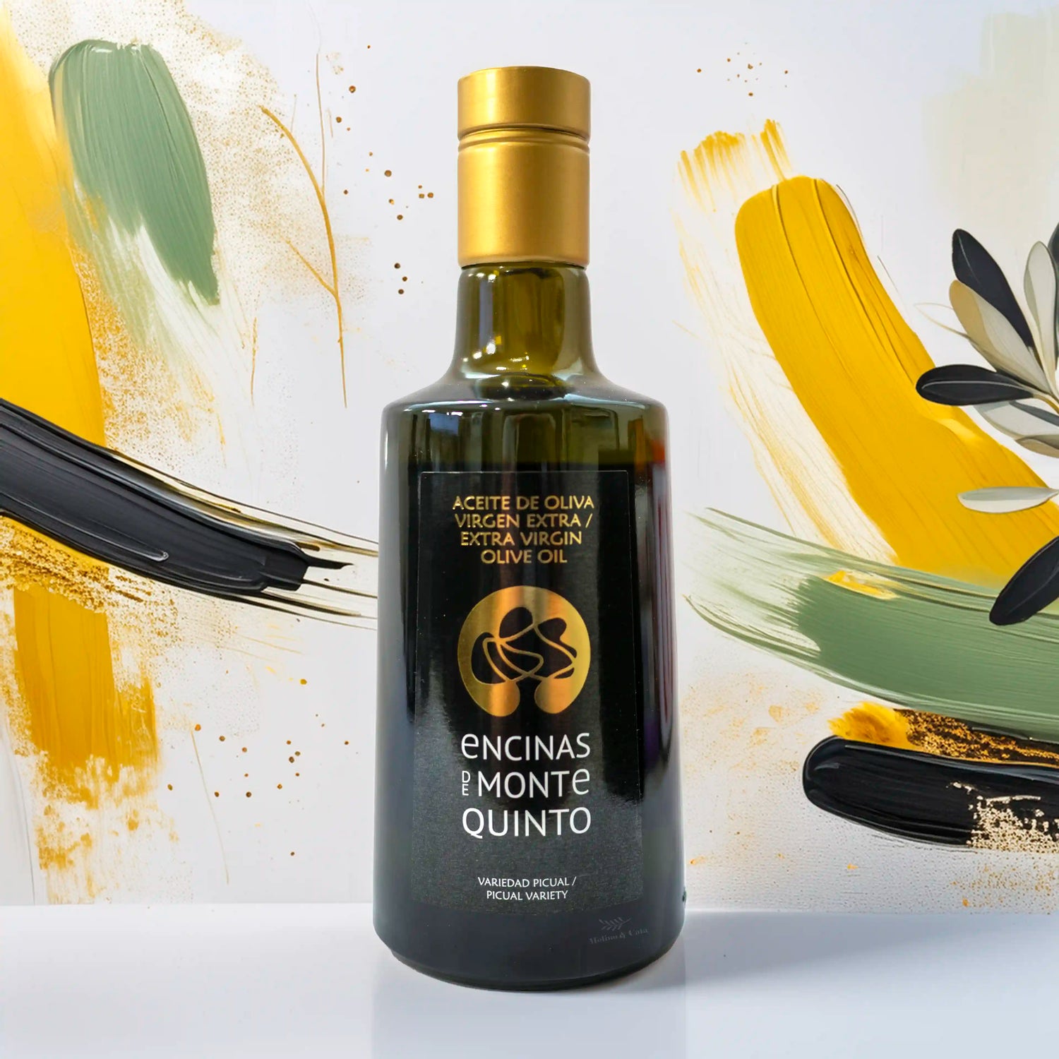 Aceite de Oliva Virgen Extra Encinas de Monte Quinto 500ml con fondo inspirado en el diseño de la botella