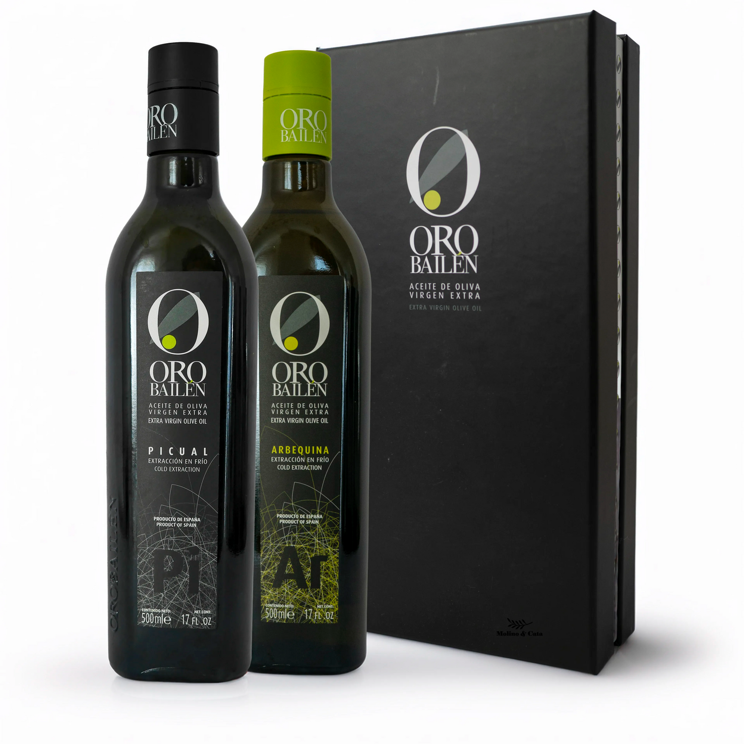 Estuche dos botella Oro Bailén Arbequina y Picual para regalar 500ml con funda forrada