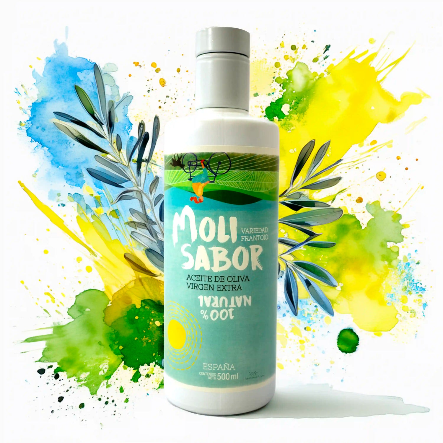 Aceite de Oliva Virgen Extra Molisabor Frantoio 500ml con fondo inspirado en el diseño de la botella