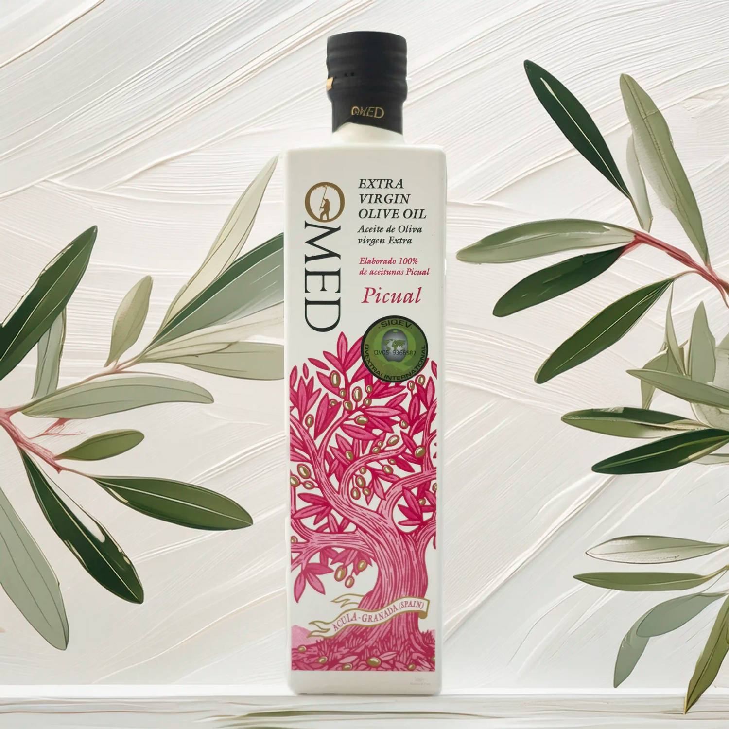 Aceite de Oliva Virgen Extra O-MED Picual 500ml con fondo inspirado en el diseño de la botella