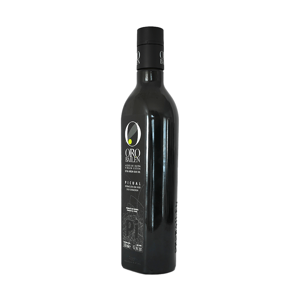 Botella de aceite de Oliva Virgen Extra Oro Bailén Picual 500ml perfil derecho