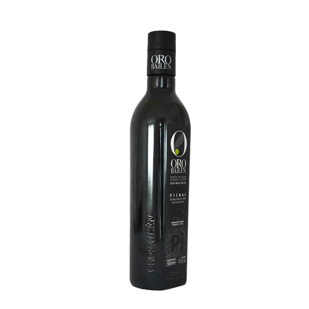 Botella de aceite de Oliva Virgen Extra Oro Bailén Picual perfil izquierdo