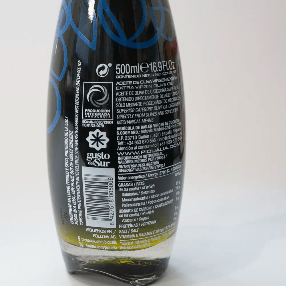 Etiqueta de la Botella de aceite de oliva virgen extra Picualia Reserva 500ml