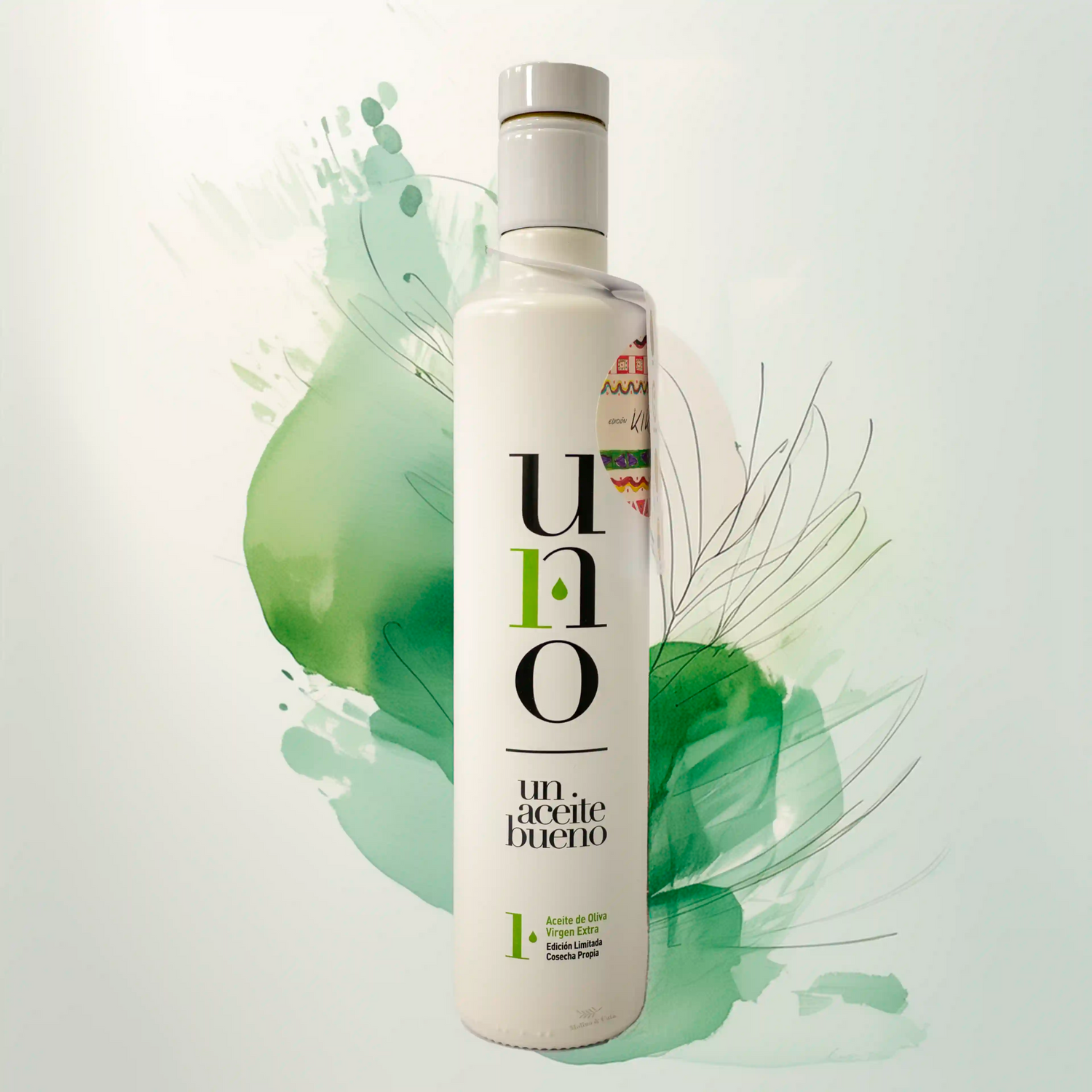 Aceite de Oliva Virgen Extra UNO Un Aceite Bueno 500ml con fondo decorativo inspirado en la botella