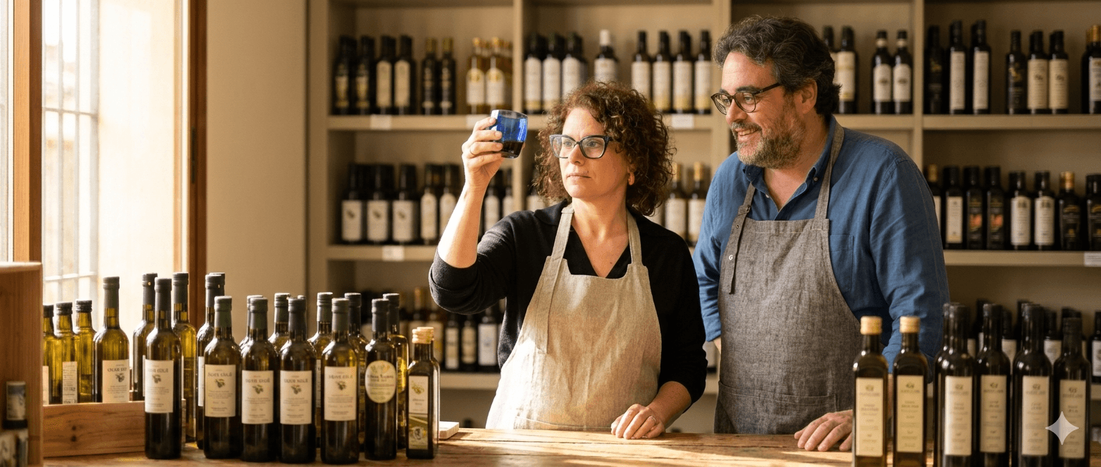 Mercedes Uceda guiando una cata de aceite de oliva virgen extra en la oleoteca Molino & Cata