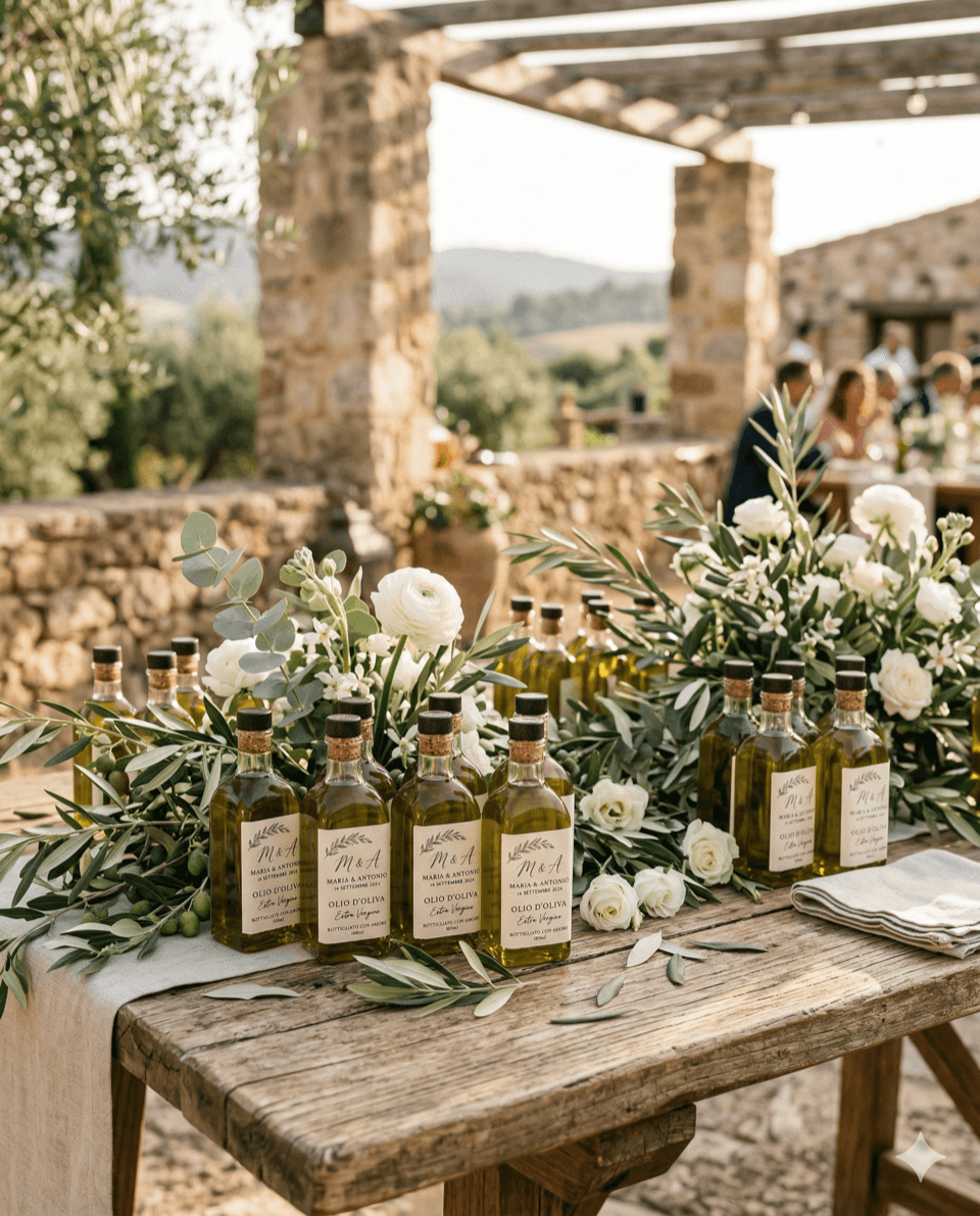 Miniaturas de aceite de oliva virgen extra con etiqueta personalizada para detalles de boda