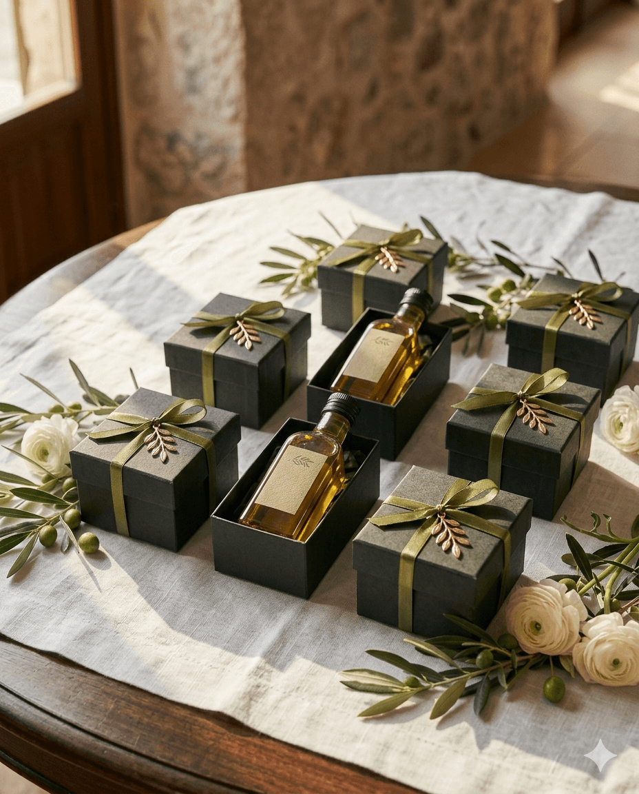 Estuches de regalo con aceite de oliva virgen extra singular, elegantemente presentados con ramas de olivo