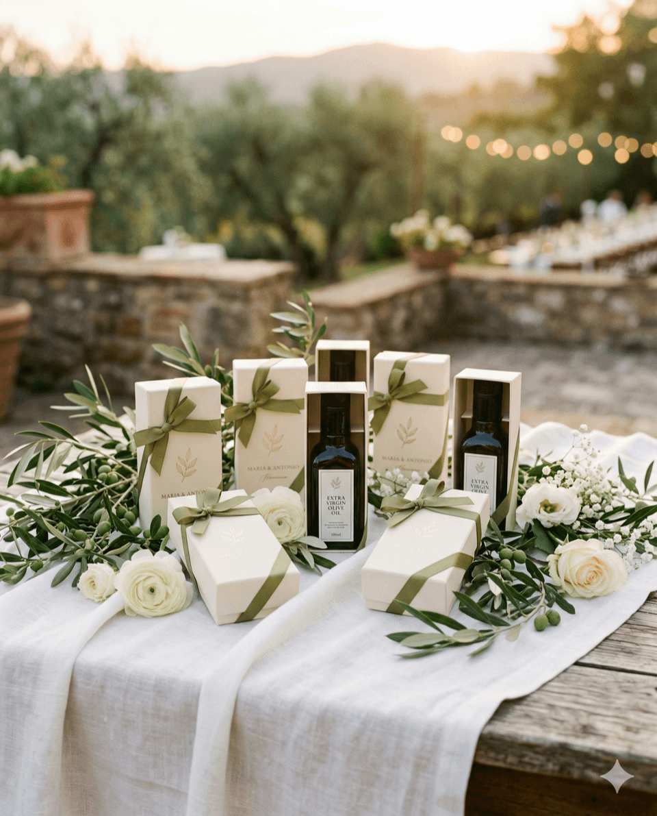 Miniaturas de aceite de oliva singular en caja personalizada para comuniones