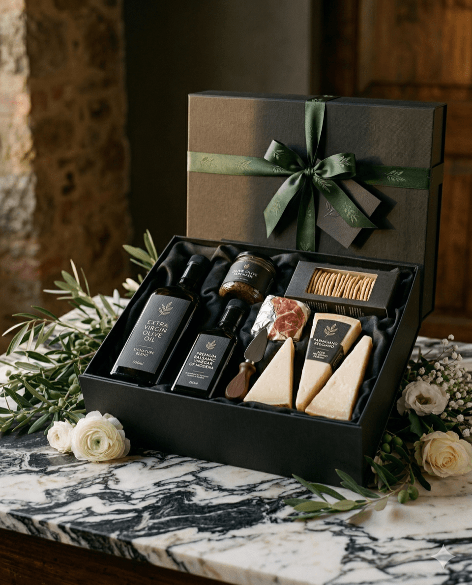 Lote gourmet corporativo con aceites de oliva virgen extra singular y productos selectos