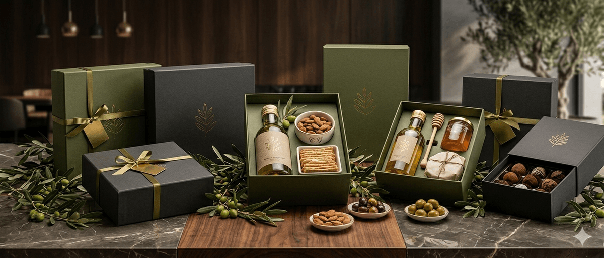 Lotes gourmet corporativos con aceite de oliva virgen extra singular, estuches elegantes y productos selectos