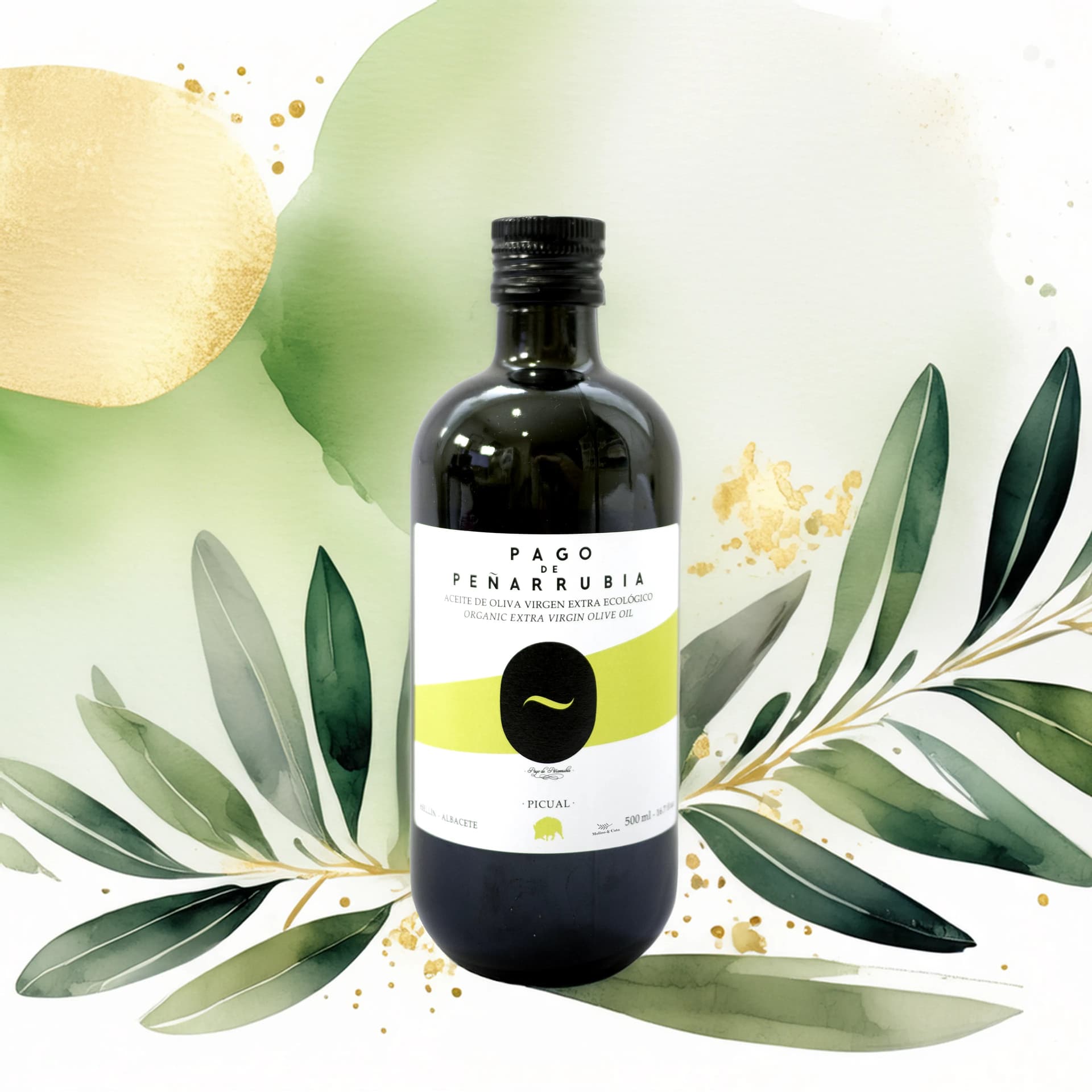 Pago de Peñarrubia Aceite de Oliva Virgen Extra Picual ecológico 500ml con fondo en acuarela inspirado en el diseño de la botella