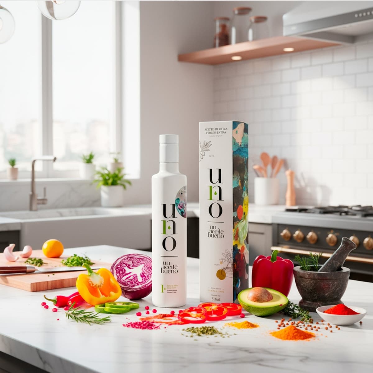 UNO Un Aceite Bueno Picual - UNO-Un-Aceite-bueno-500ml-escena-cocina