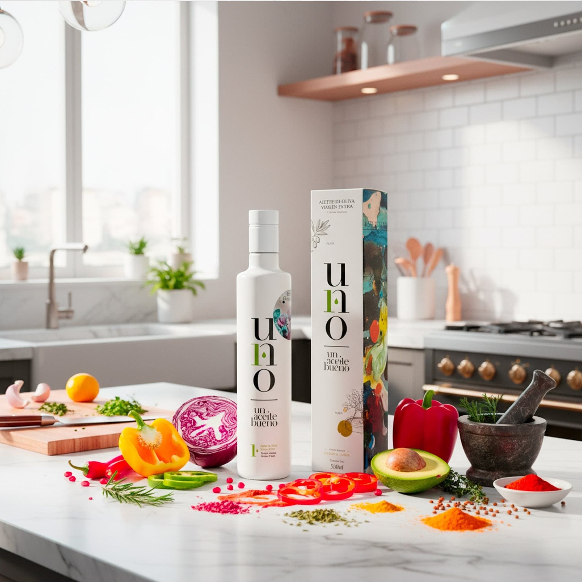 UNO Un Aceite Bueno Picual - UNO-Un-Aceite-bueno-500ml-escena-cocina