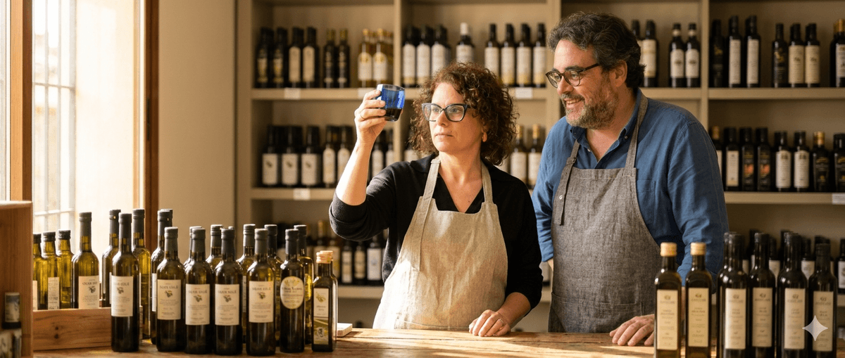 Mercedes Uceda guiando una cata de aceite de oliva virgen extra en la oleoteca Molino & Cata