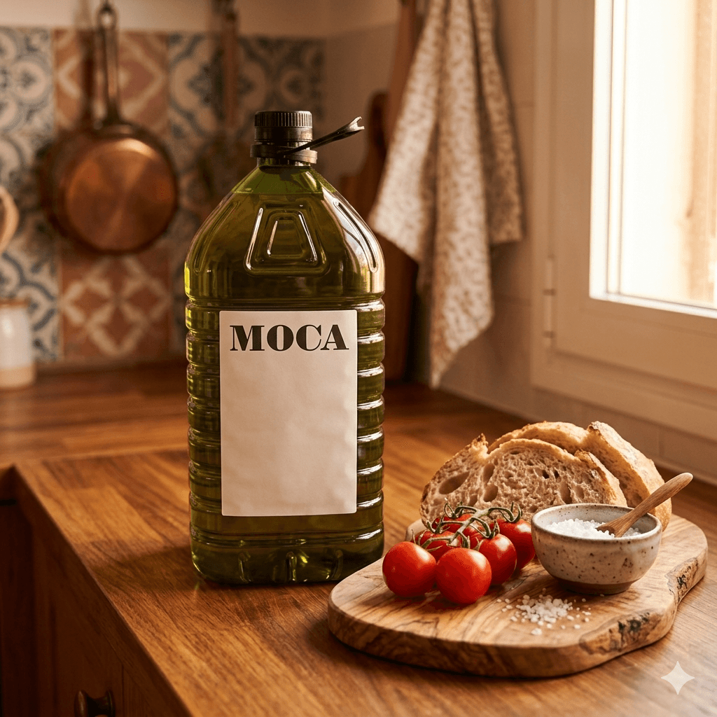 Garrafa MOCA de aceite de oliva virgen extra 5 litros en cocina mediterránea