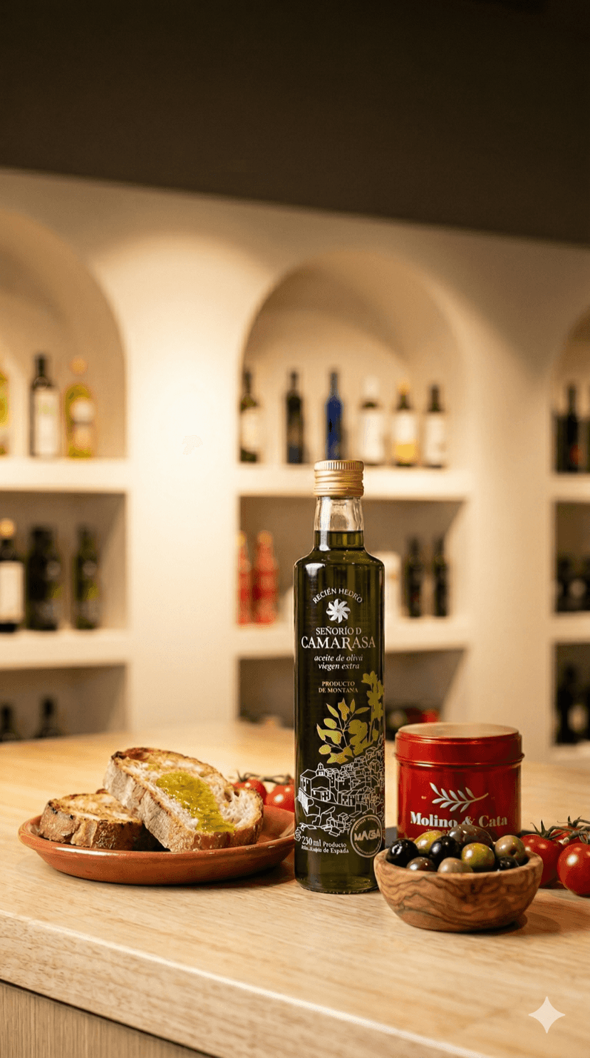 Aceite de oliva virgen extra vertido sobre pan tostado con tomates y aceitunas