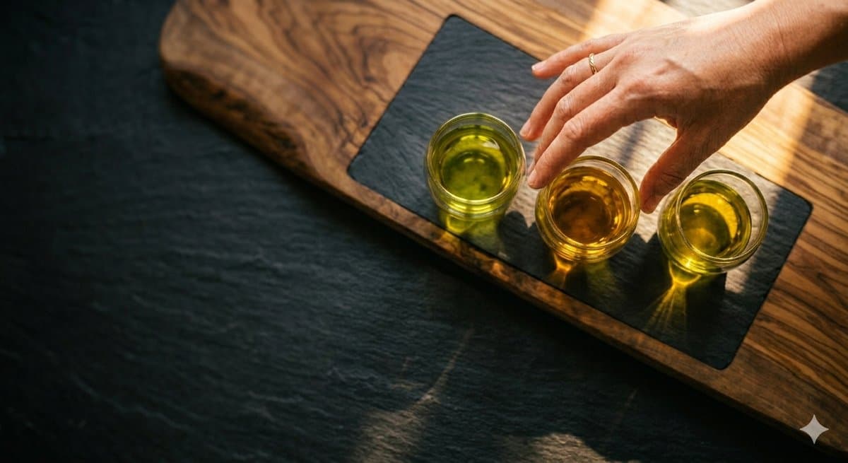 Tres botellas de aceite de oliva virgen extra con vasitos de cata en la oleoteca Molino & Cata