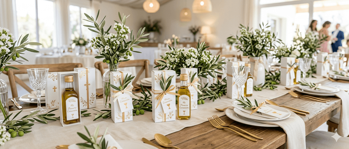 Miniaturas de aceite de oliva virgen extra con etiqueta personalizada preparadas como detalles de comunión