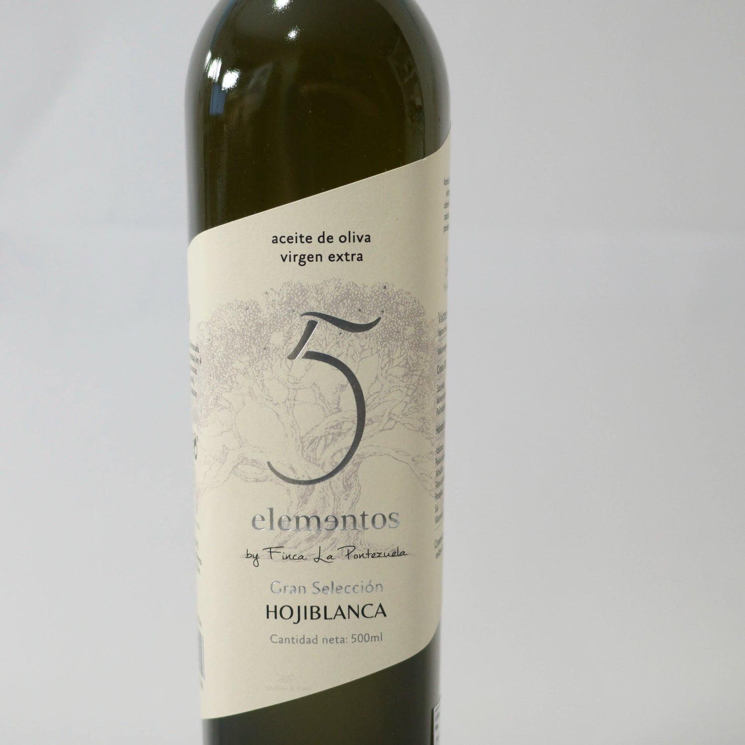 5 elementos gran selección hojiblanca 500ml aceite de oliva virgen extra detalle de la etiqueta