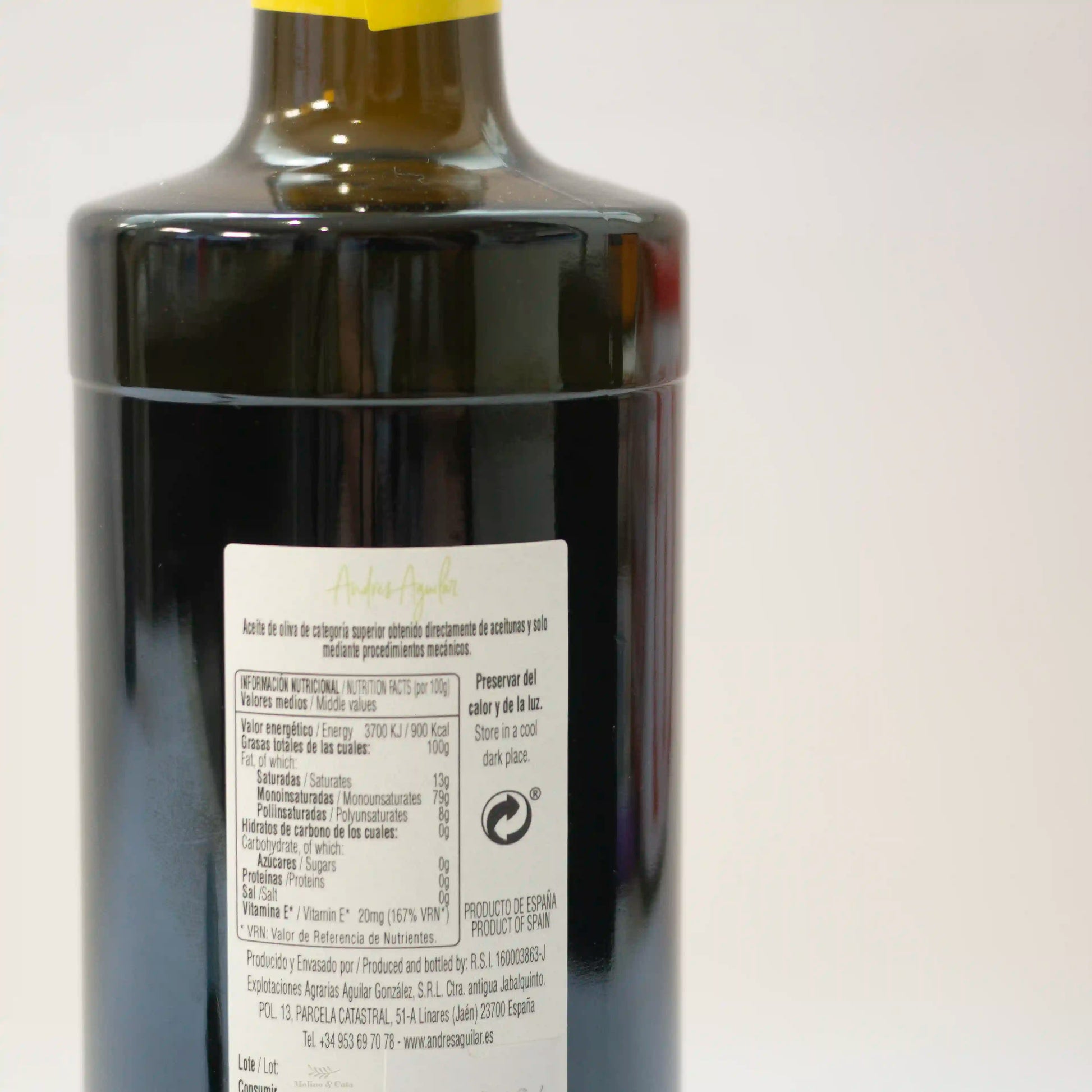 Aceite de Oliva Virgen Extra Premium Andres Aguilar arbequina detalle de la etiqueta trasera