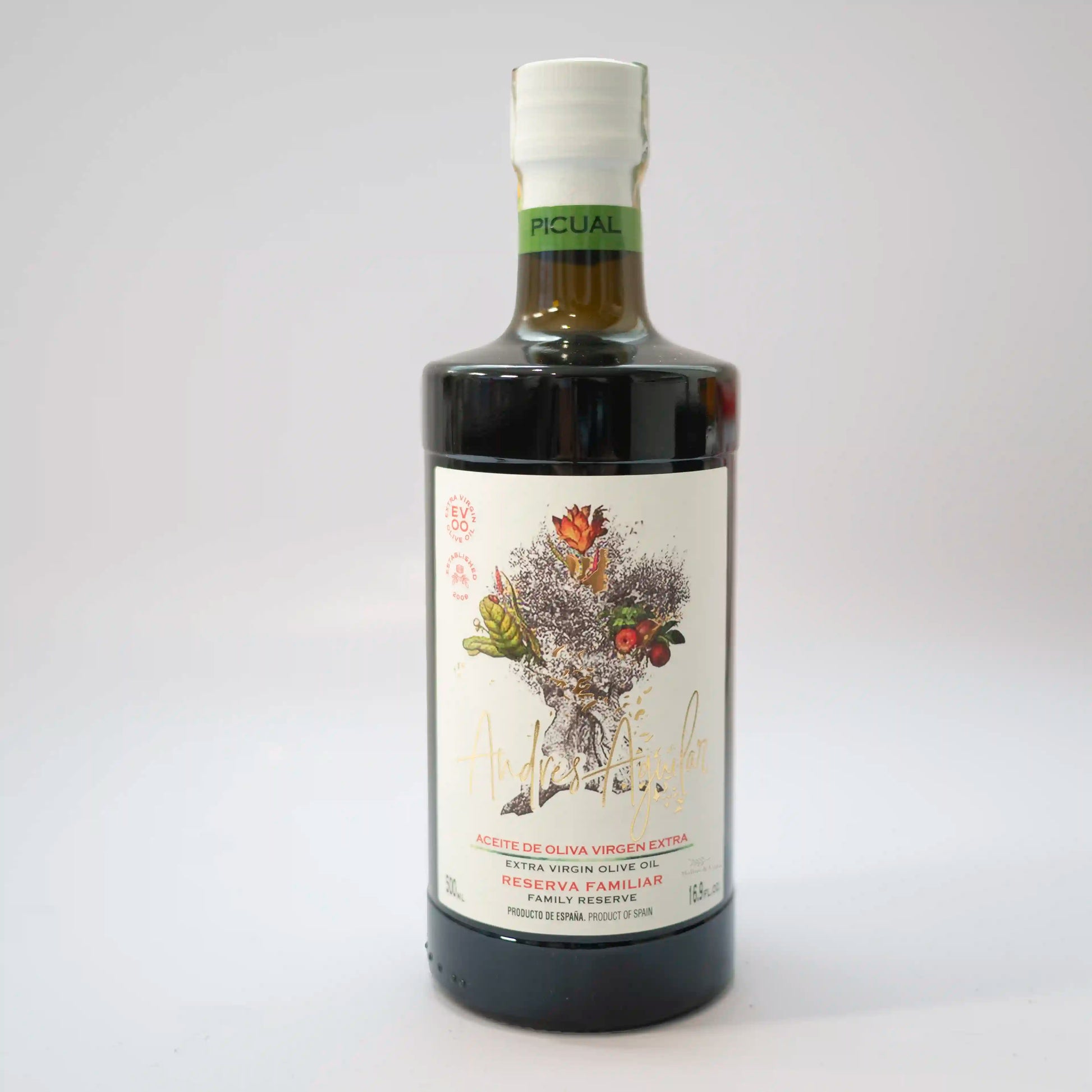 Aceite de Oliva Virgen Extra Premium Andres Aguilar Picual 500ml foto de estudio