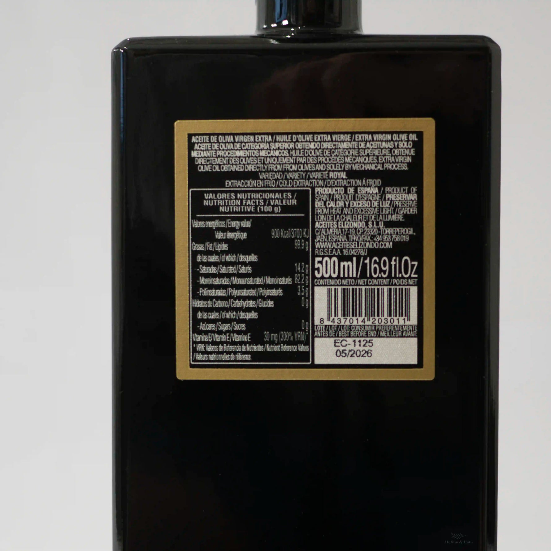 Aceite de Oliva Virgen Extra Elizondo Royal de Cazorla 500ml detalle de la etiqueta