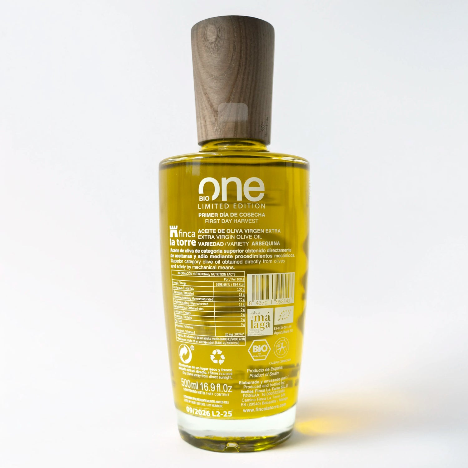 Finca la Torre Arbequina ONE Aceites de Oliva Virgen Extra 500ml botella para regalar detalle de la etiqueta