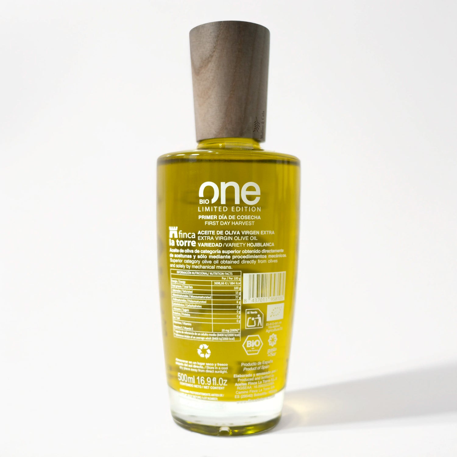 Finca la Torre Hojiblanca ONE Aceites de Oliva Virgen Extra 500ml botella para regalar detalle de la etiqueta