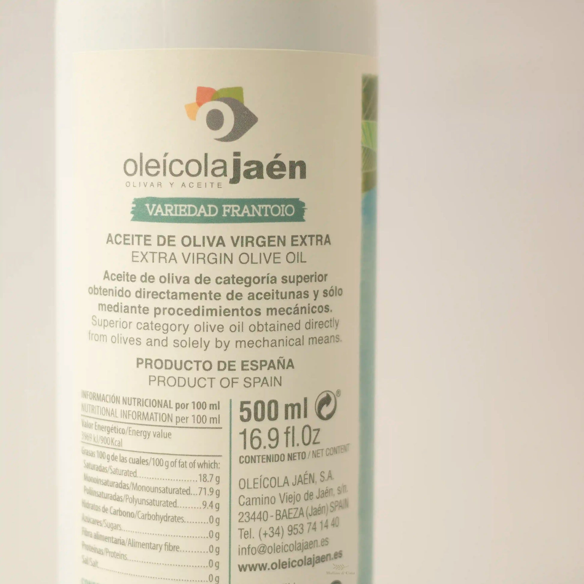 Aceite de Oliva Virgen Extra Molisabor Frantoio 500ml detalle de la etiqueta