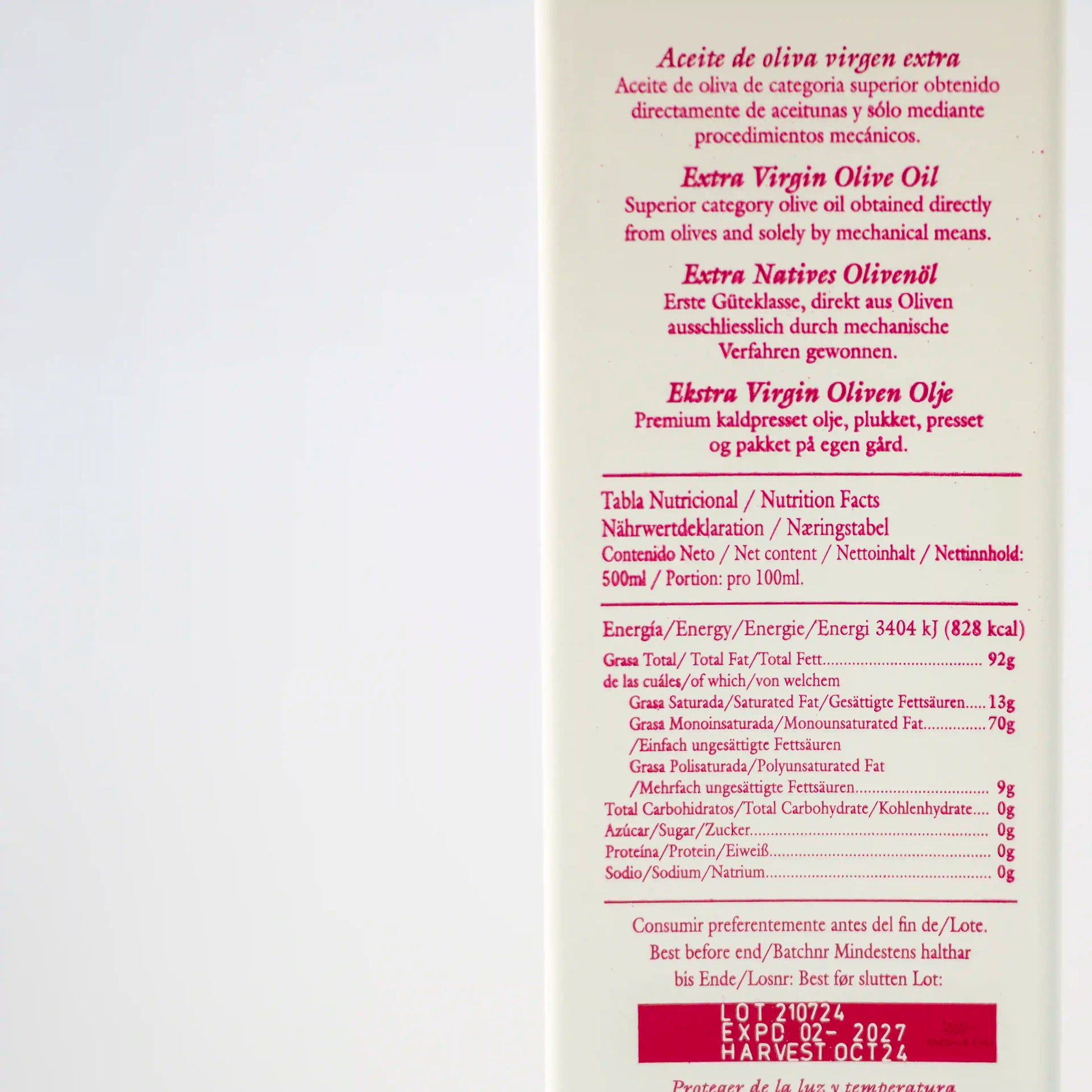 Aceite de Oliva Virgen Extra O-MED Picual 500ml detalle de la etiqueta trasera