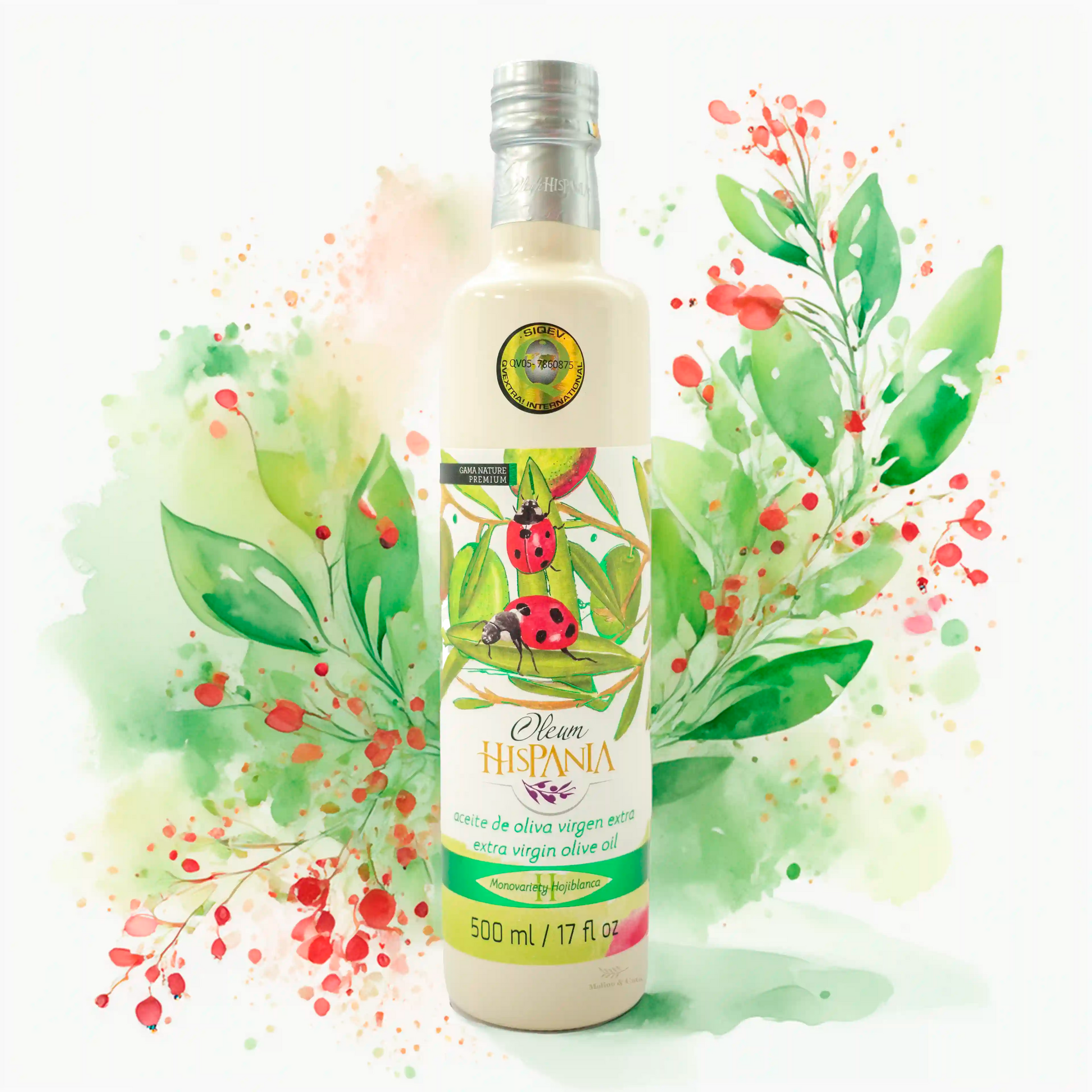 Oleum Hispania Gama Nature Premium Hojiblanca 500m con fondo inspirado en el diseño de la botella