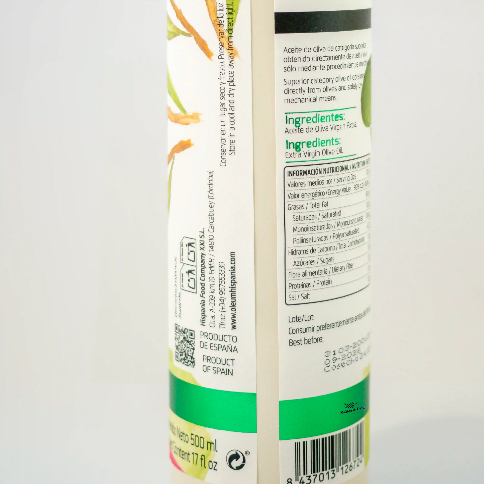 Oleum Hispania Gama Nature Premium Hojiblanca 500m detalle de la etiqueta