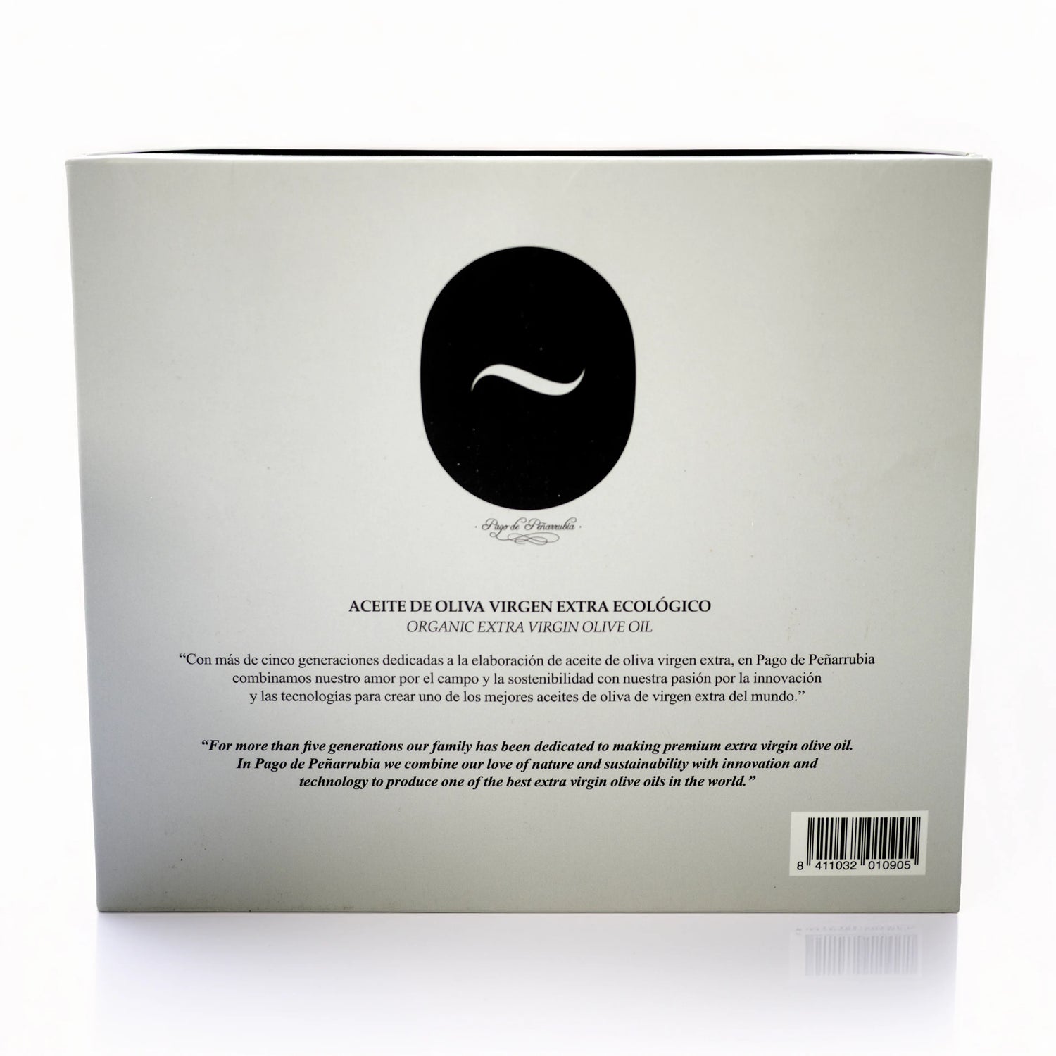 Imagen trasera del pack regalo de tres botellas de aceite de oliva virgen extra ecológico Picual, Arbequina y Coupage de Pago de Peñarrubia