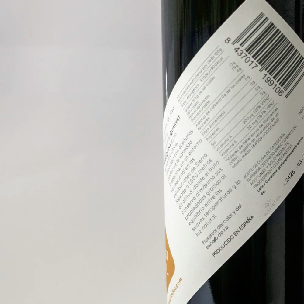 Quaryat Arbequina 500ml etiqueta trasera closeup