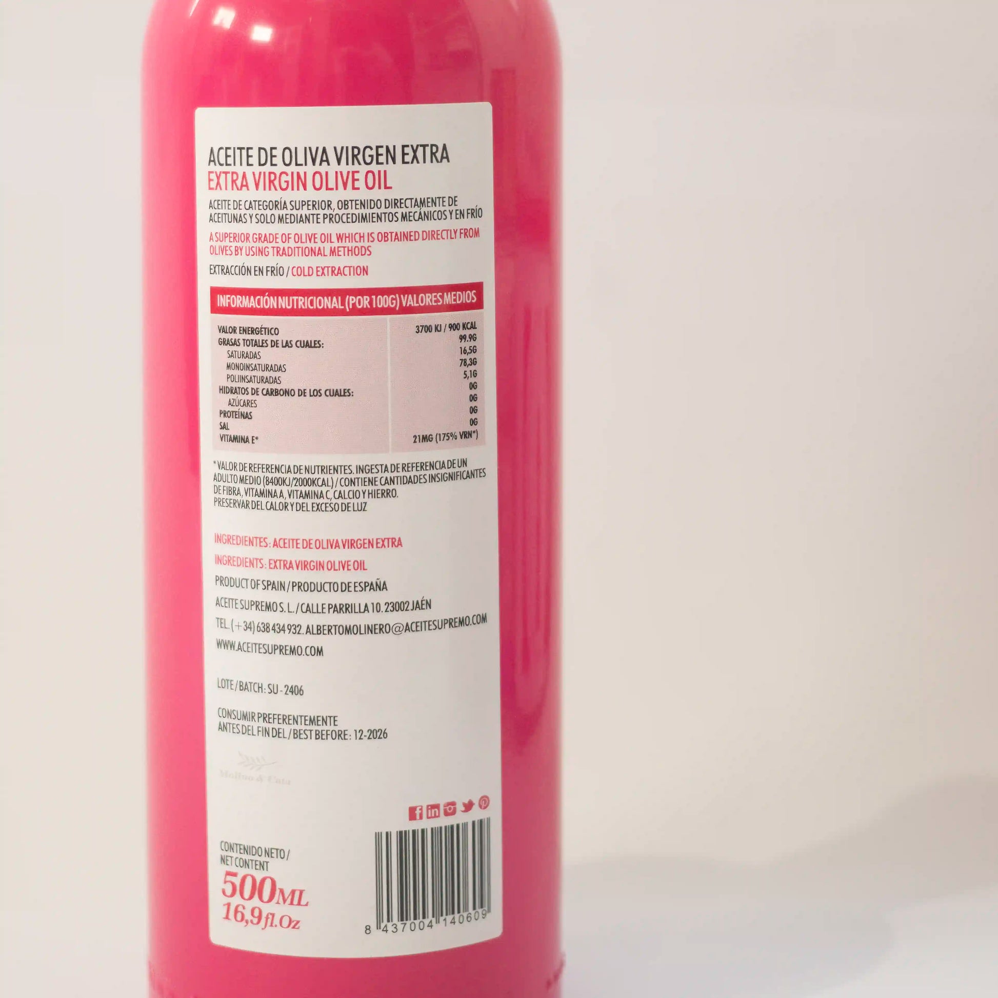 Aceite de Oliva Virgen Extra Supremo Arbosana 500ml detalle de la etiqueta trasera