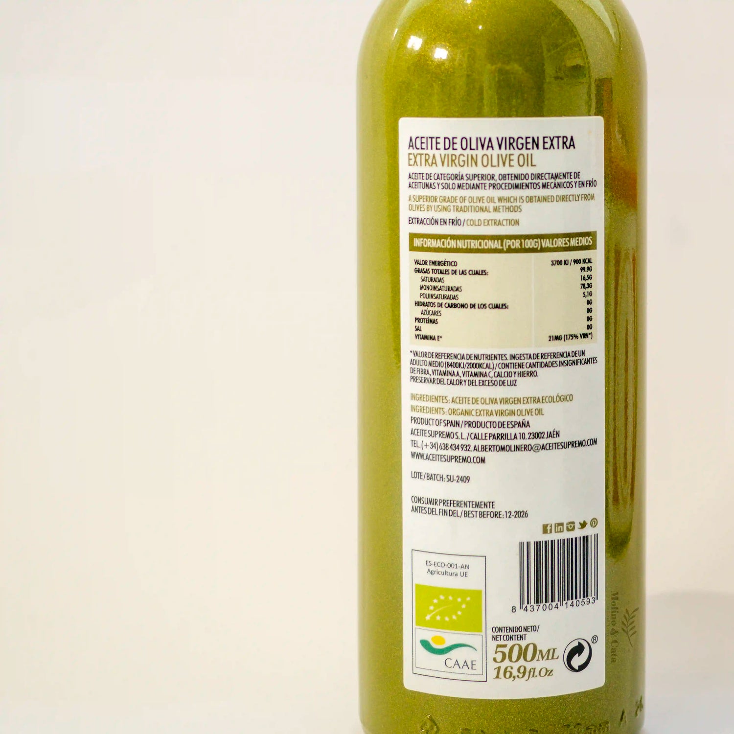 Aceite de Oliva Virgen Extra Supremo Cornezuelo 500ml detalle de la etiqueta trasera