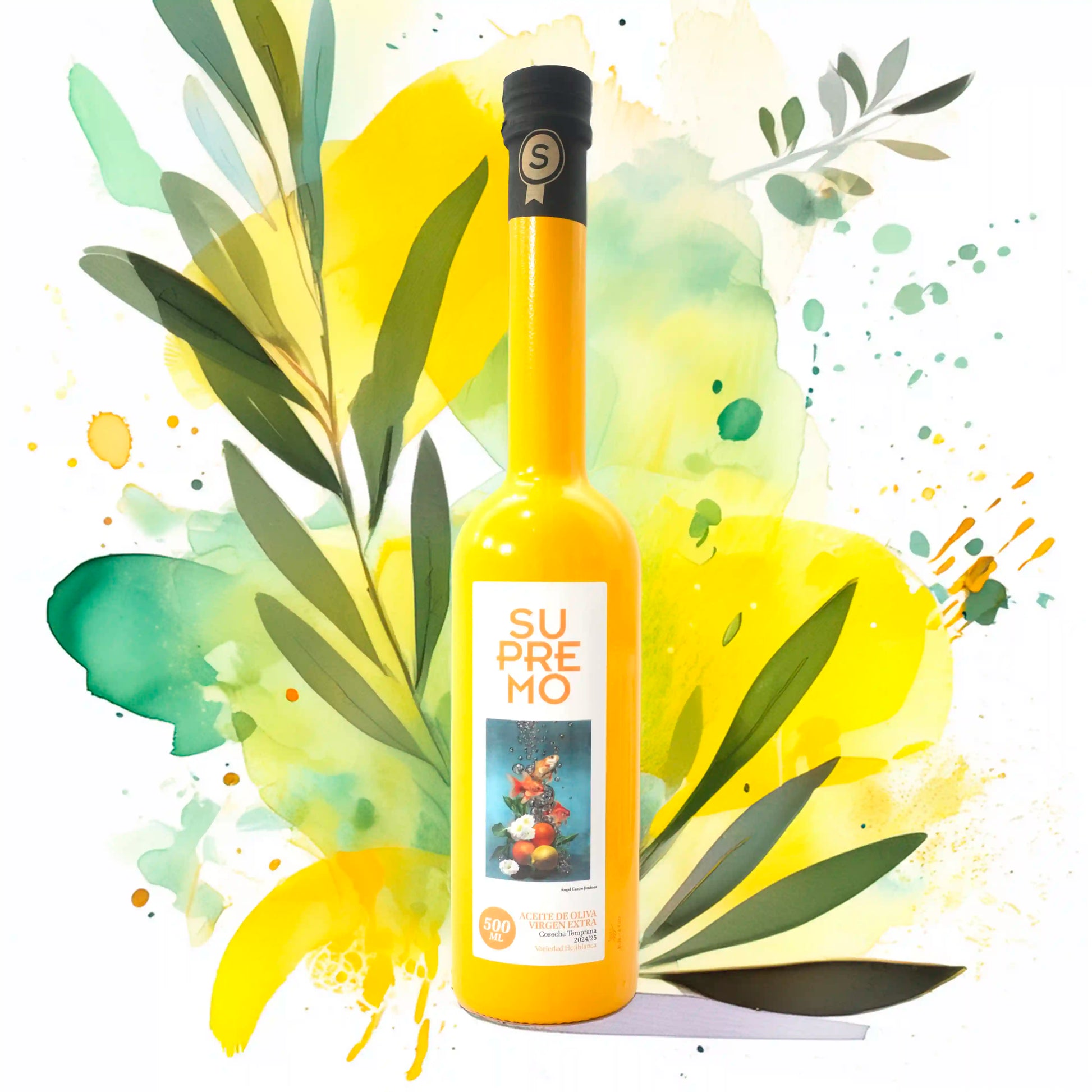 Aceite de Oliva Virgen Extra Premium Supremo Hojiblanca 500ml con fondo artístico inspirado en la botella