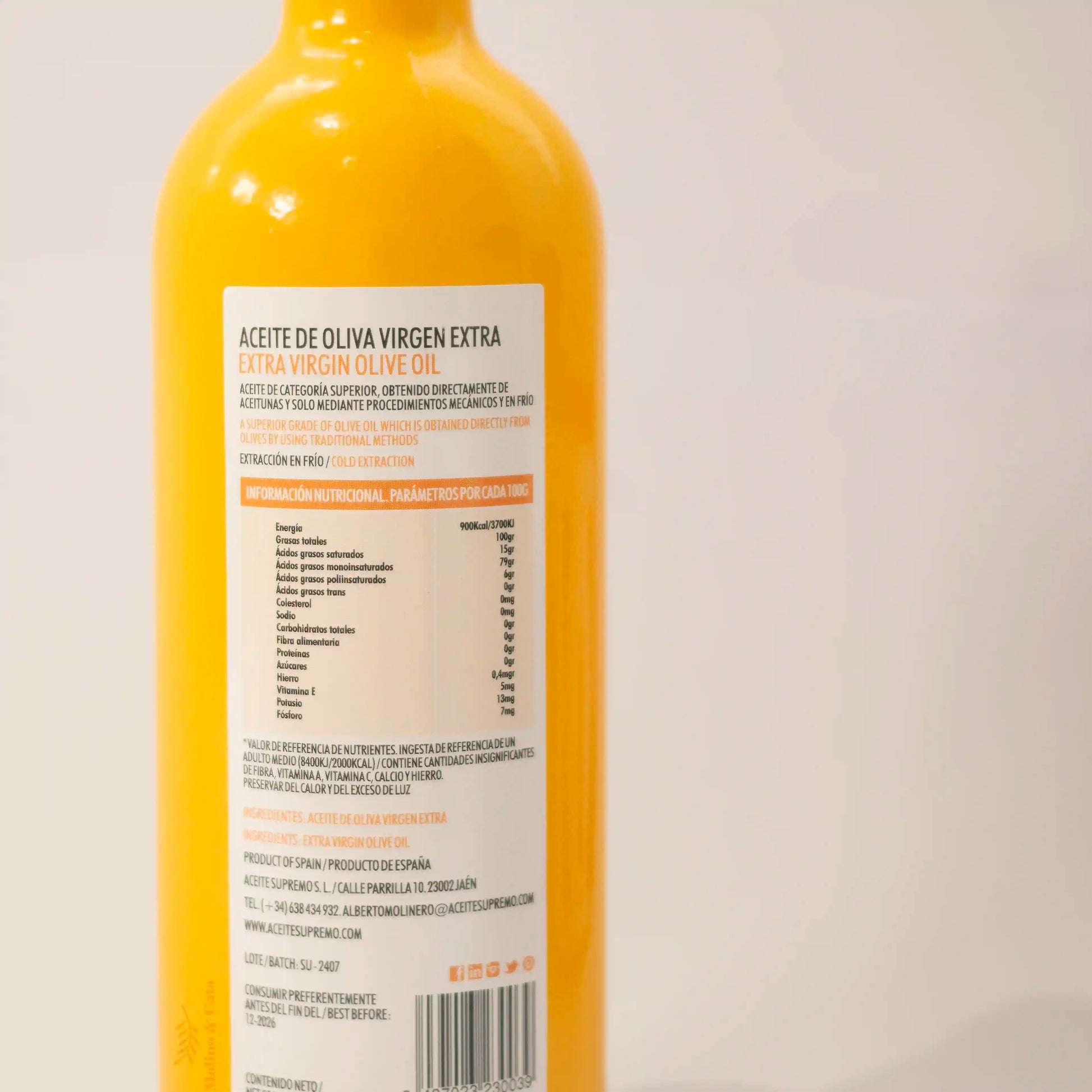 Aceite de Oliva Virgen Extra Premium Supremo Hojiblanca 500ml detalle etiqueta trasera