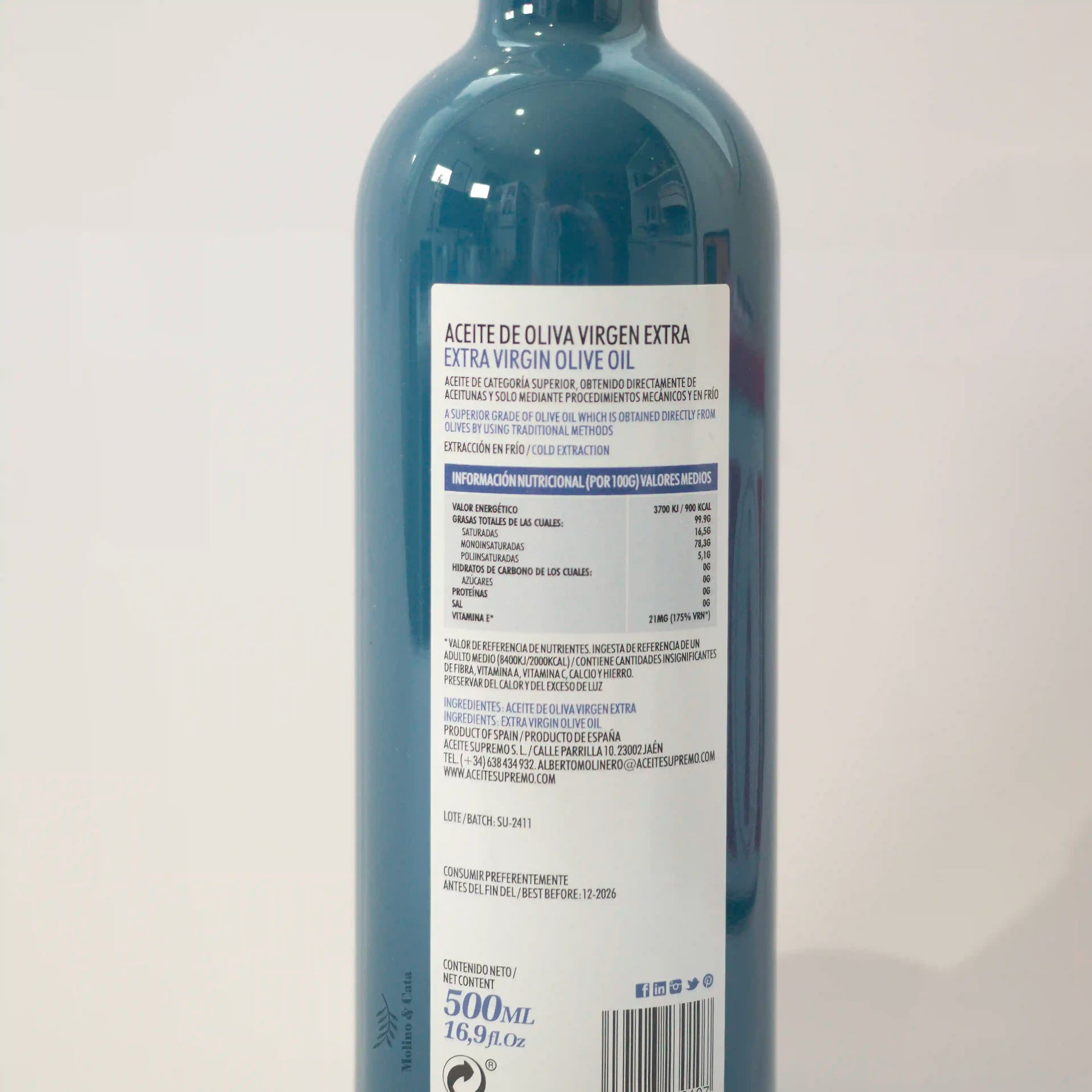 Aceite de Oliva Virgen Extra Supremo Lucio 500ml detalle de la etiqueta trasera