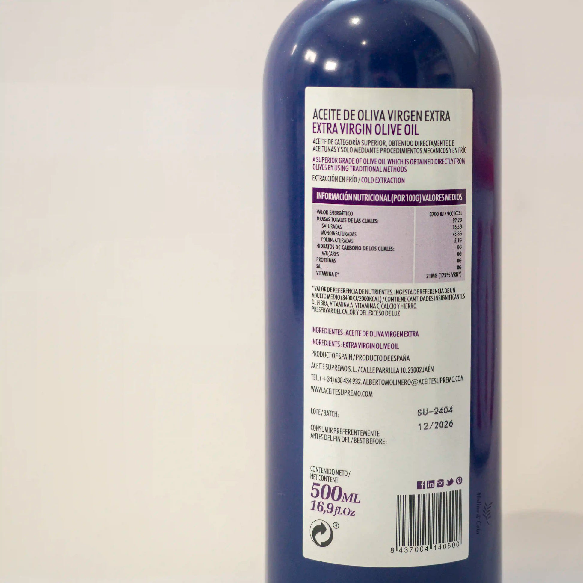 Aceite de Oliva Virgen Extra Supremo Picual 500ml detalle de la etiqueta trasera