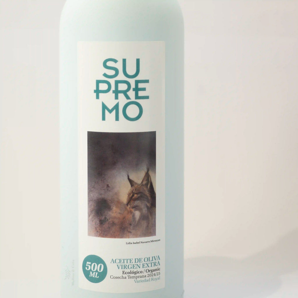 Aceite de Oliva Virgen Extra Supremo Royal de Cazorla 500ml detalle del frontal de la botella