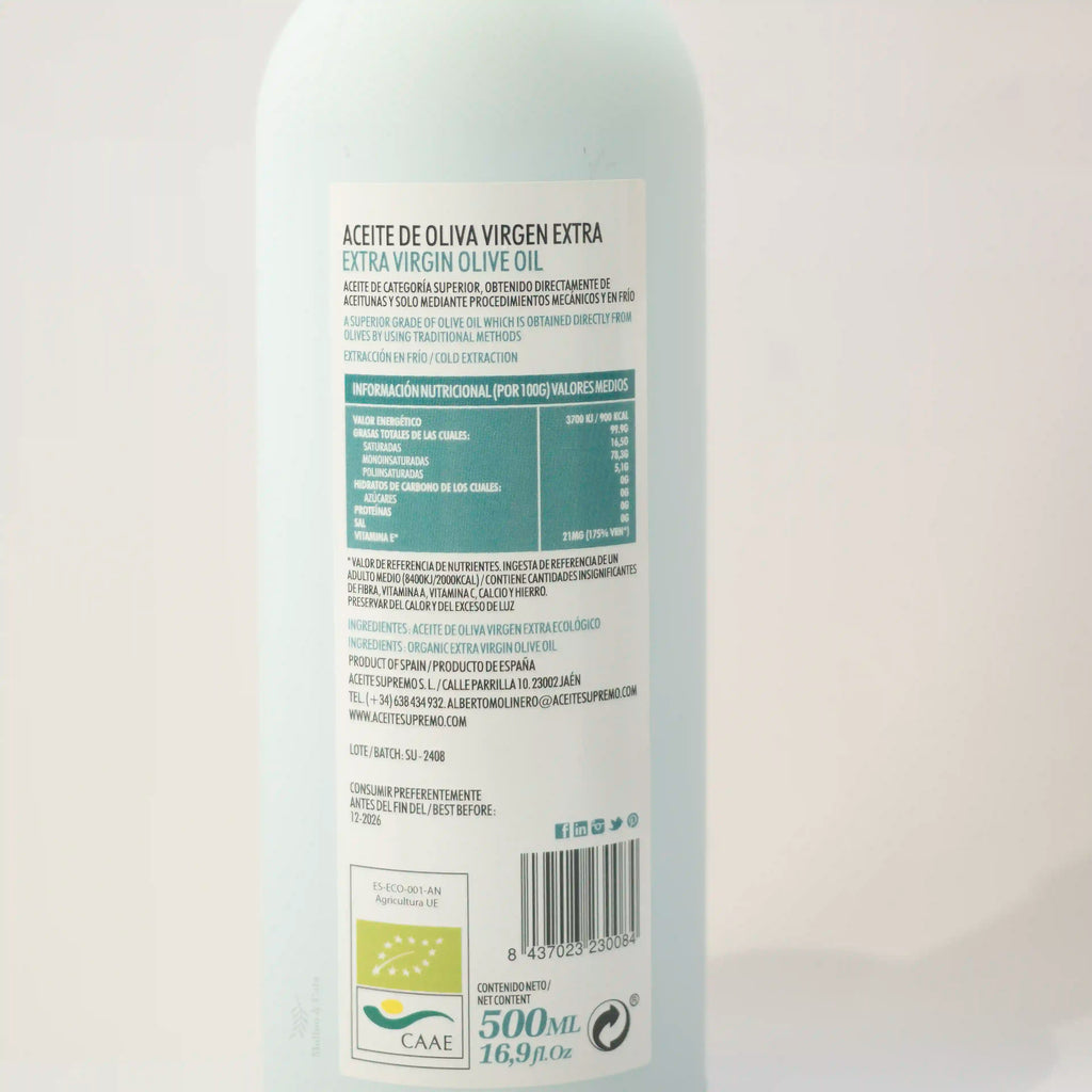 Aceite de Oliva Virgen Extra Supremo Royal de Cazorla 500ml detalle de etiqueta ecológica