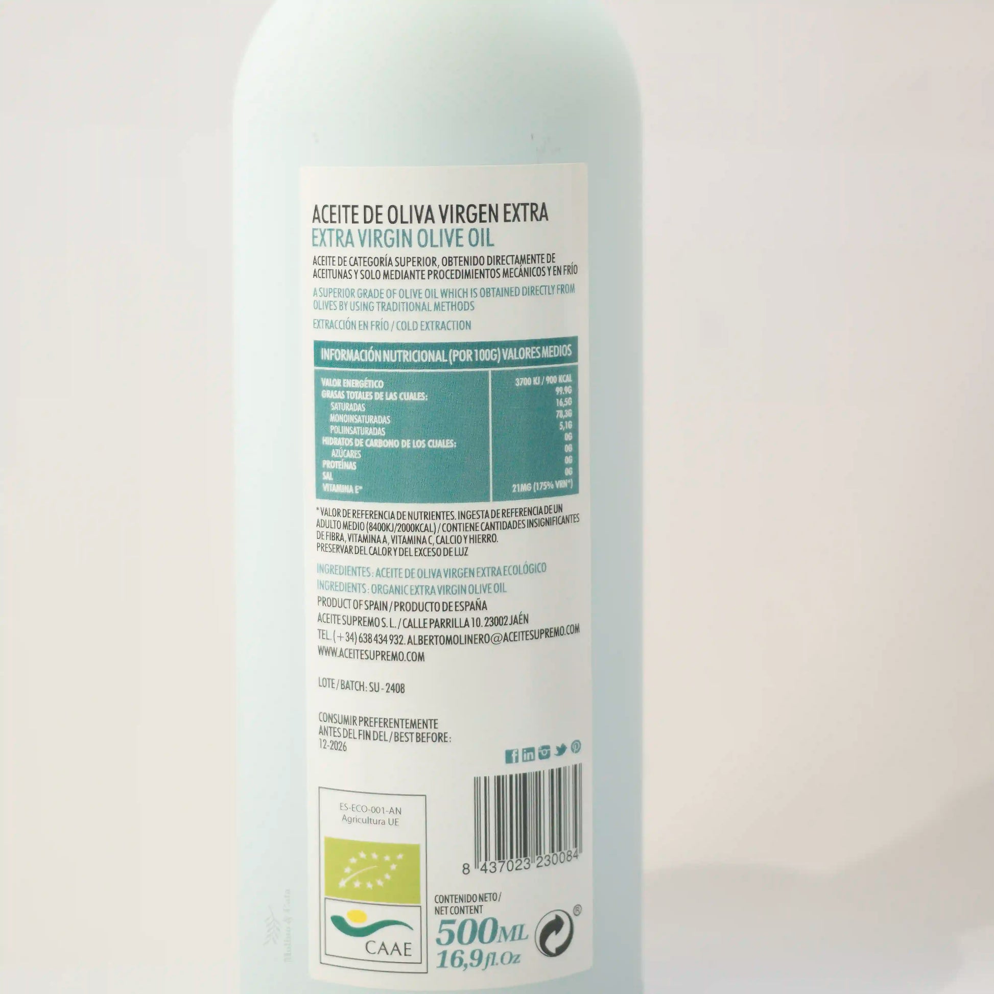 Aceite de Oliva Virgen Extra Supremo Royal de Cazorla 500ml detalle de etiqueta ecológica